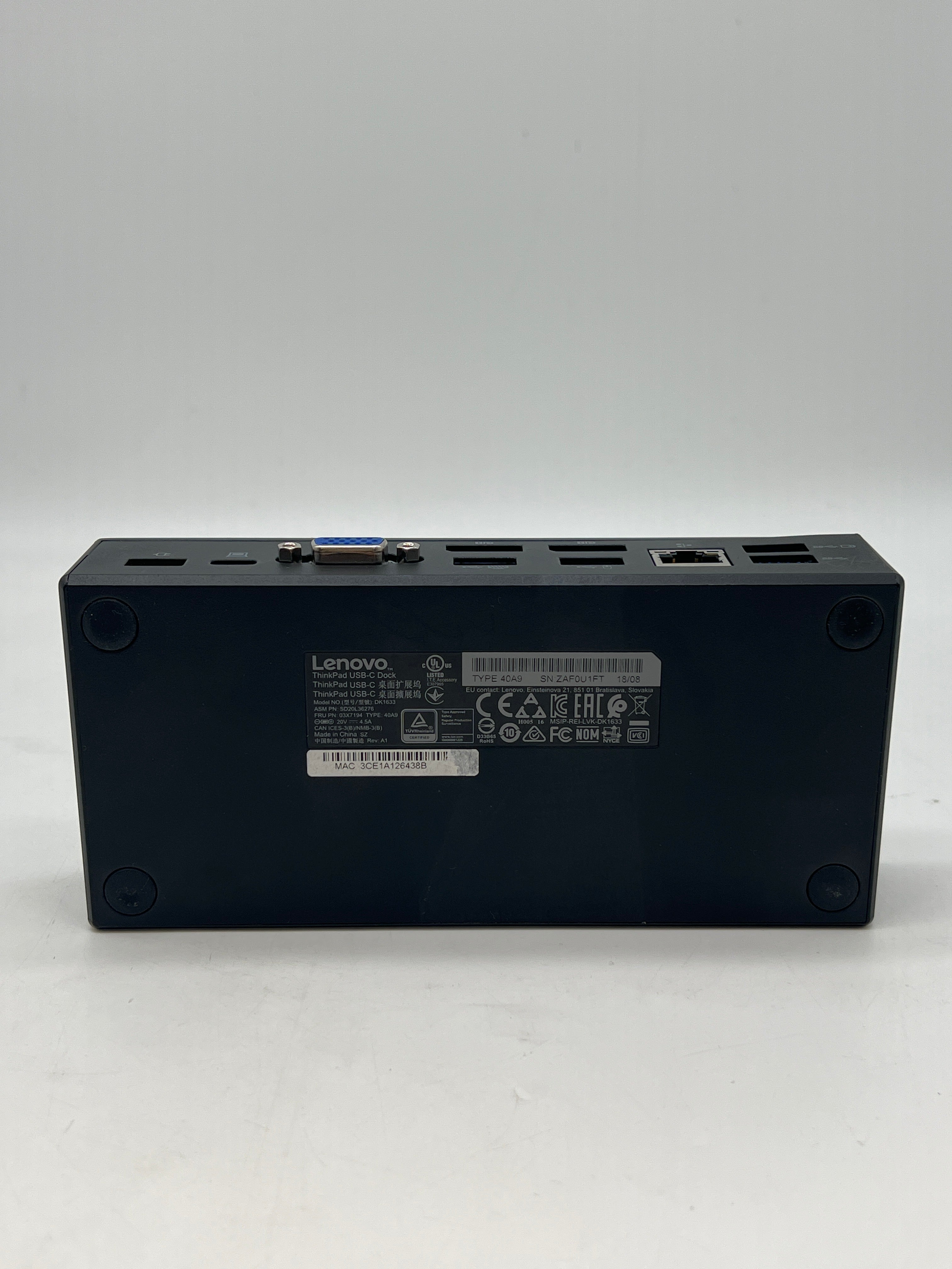 Lenovo ThinkPad USB-C Dock DK1633 40A9 with Power Adapter & USB-C Cable - Used