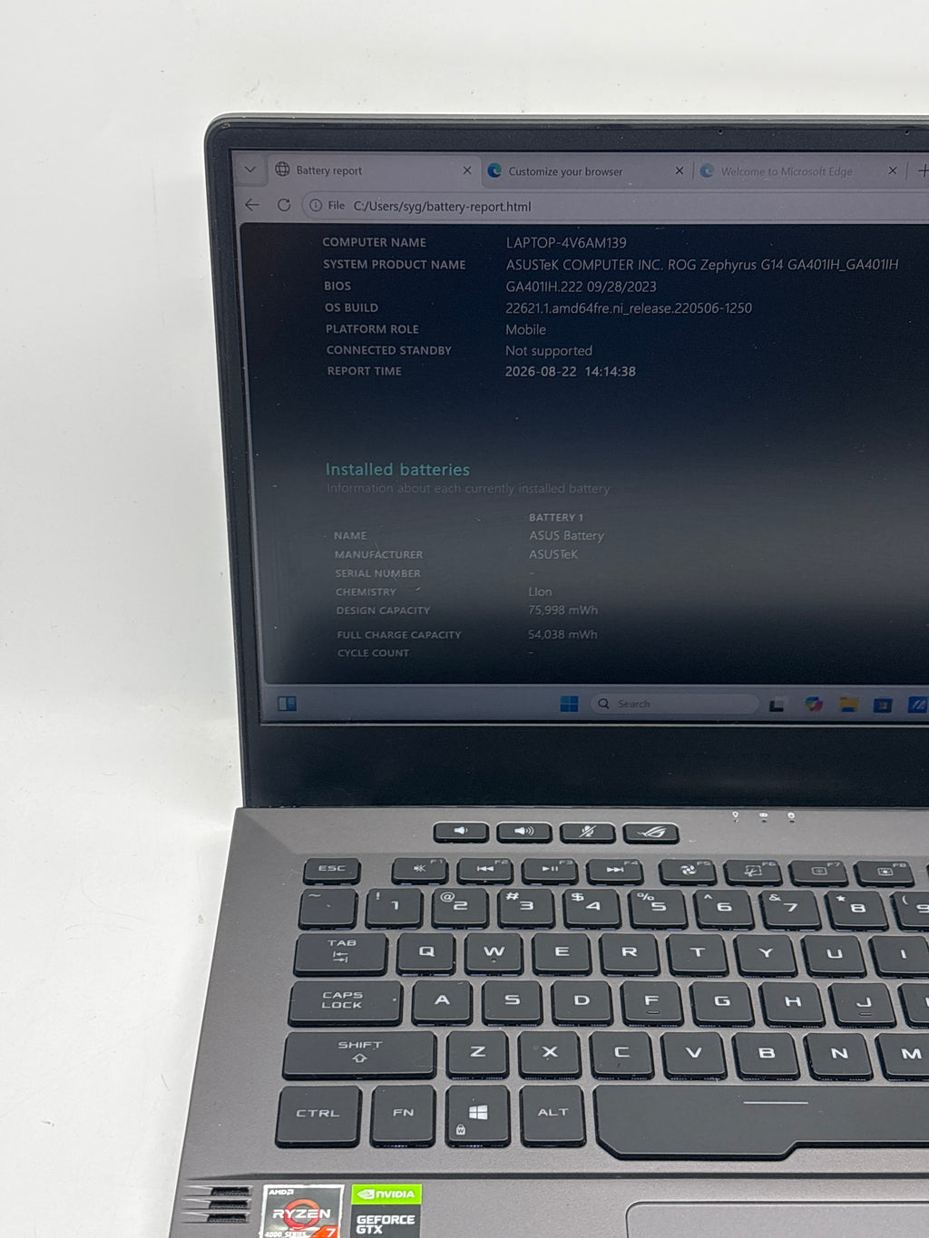 ASUS ROG Zephyrus G14 GA401I 14" AMD Ryzen 7 4800HS 8GB RAM 512GB SSD GTX 1650 Metallic Gray - Used
