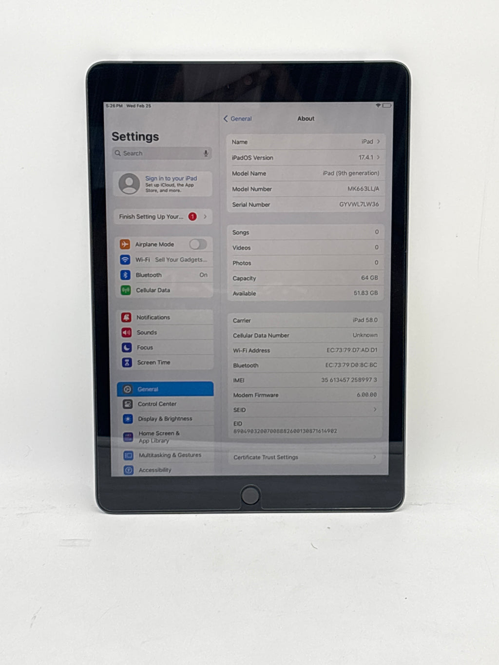 Apple iPad (9th Gen) A2603 64GB Gray Unlocked Wi-Fi + 4G LTE - Used