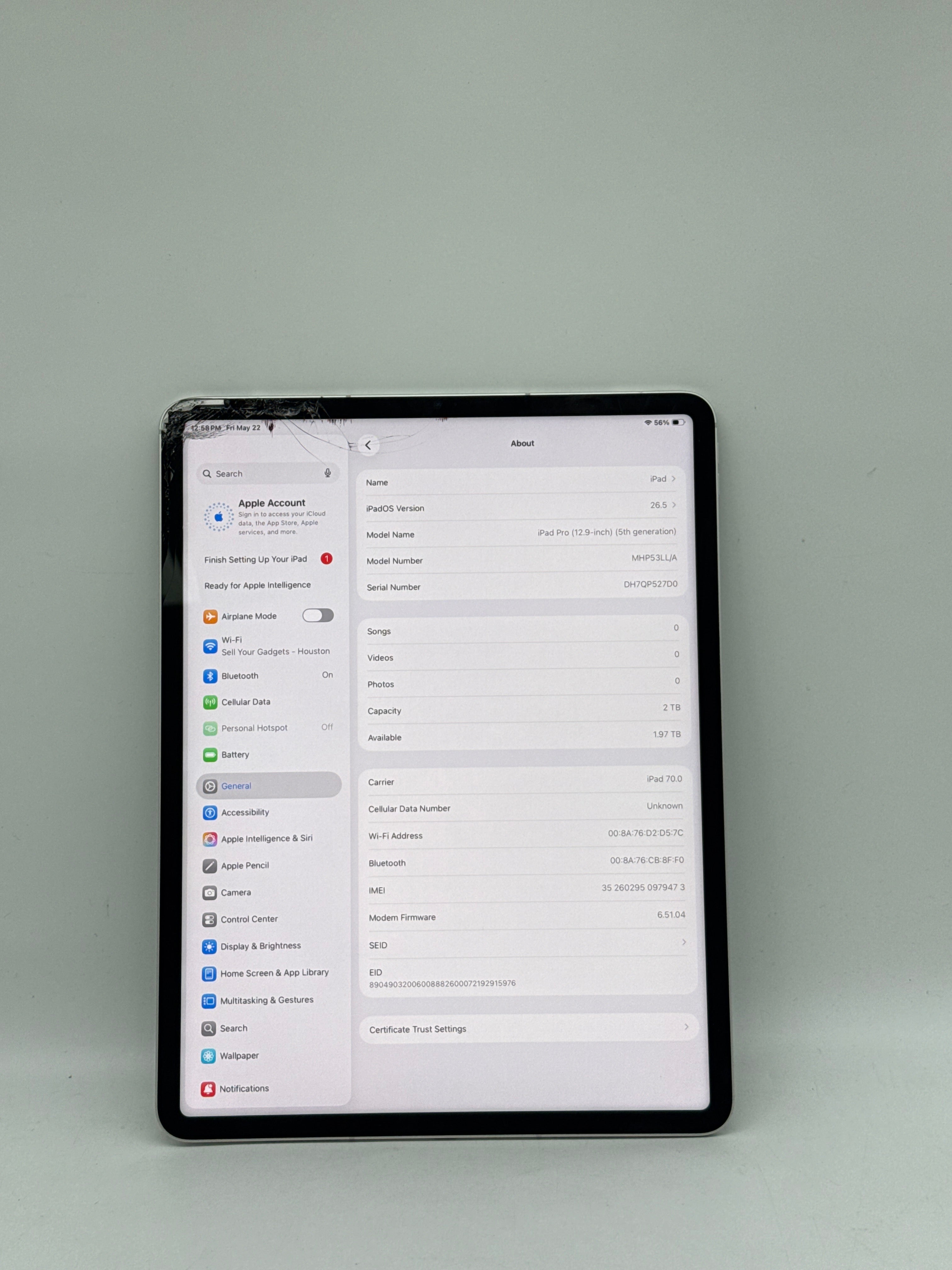 Apple iPad Pro 12.9" (5th Gen) A2379 2TB Unlocked Broken screen