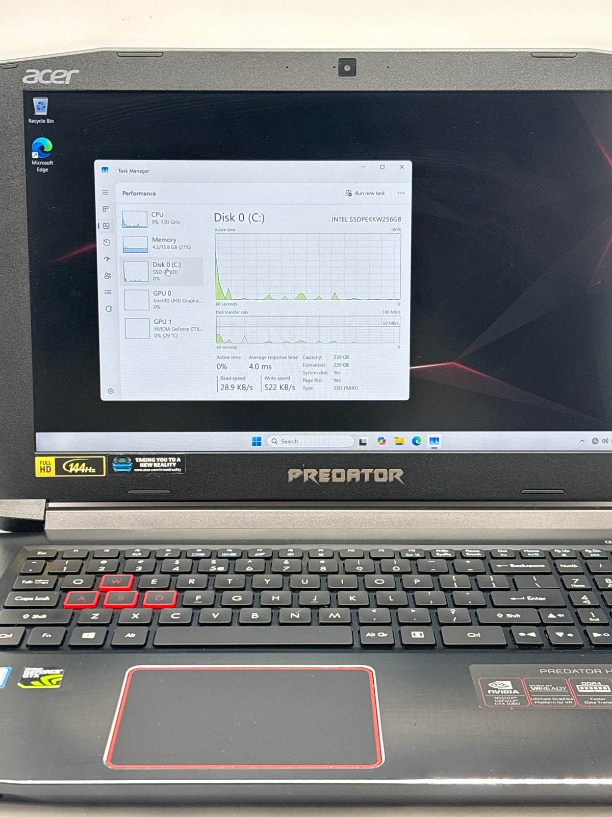Acer Predator Helios 300 15.6" Core i7-8750H 16GB RAM 256GB SSD GTX 1060 Black - Used