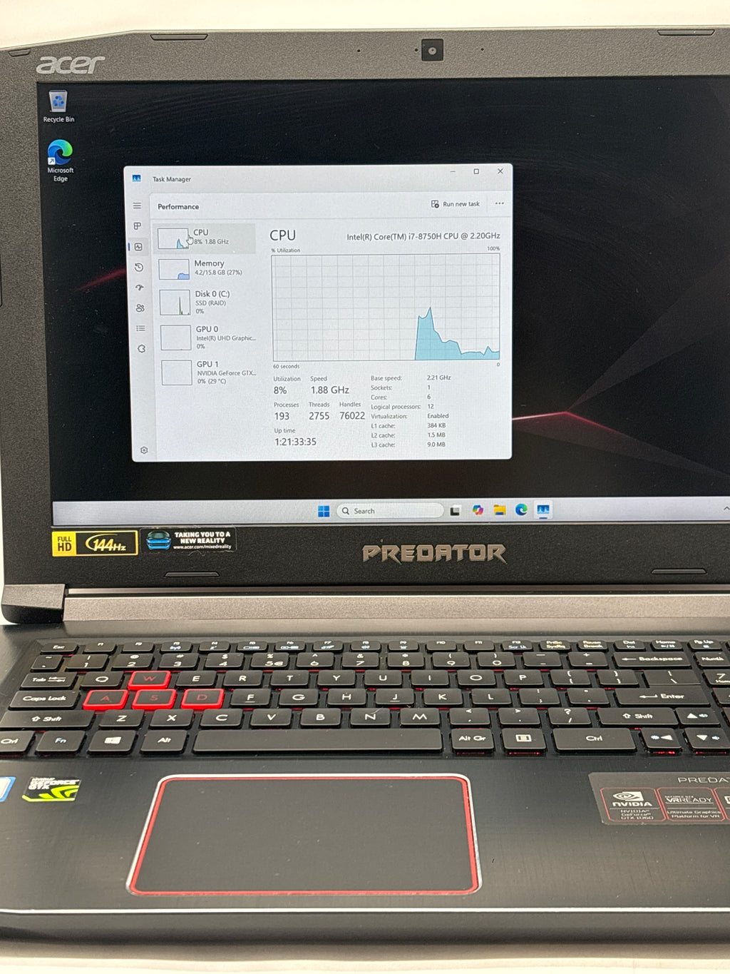 Acer Predator Helios 300 15.6" Core i7-8750H 16GB RAM 256GB SSD GTX 1060 Black - Used