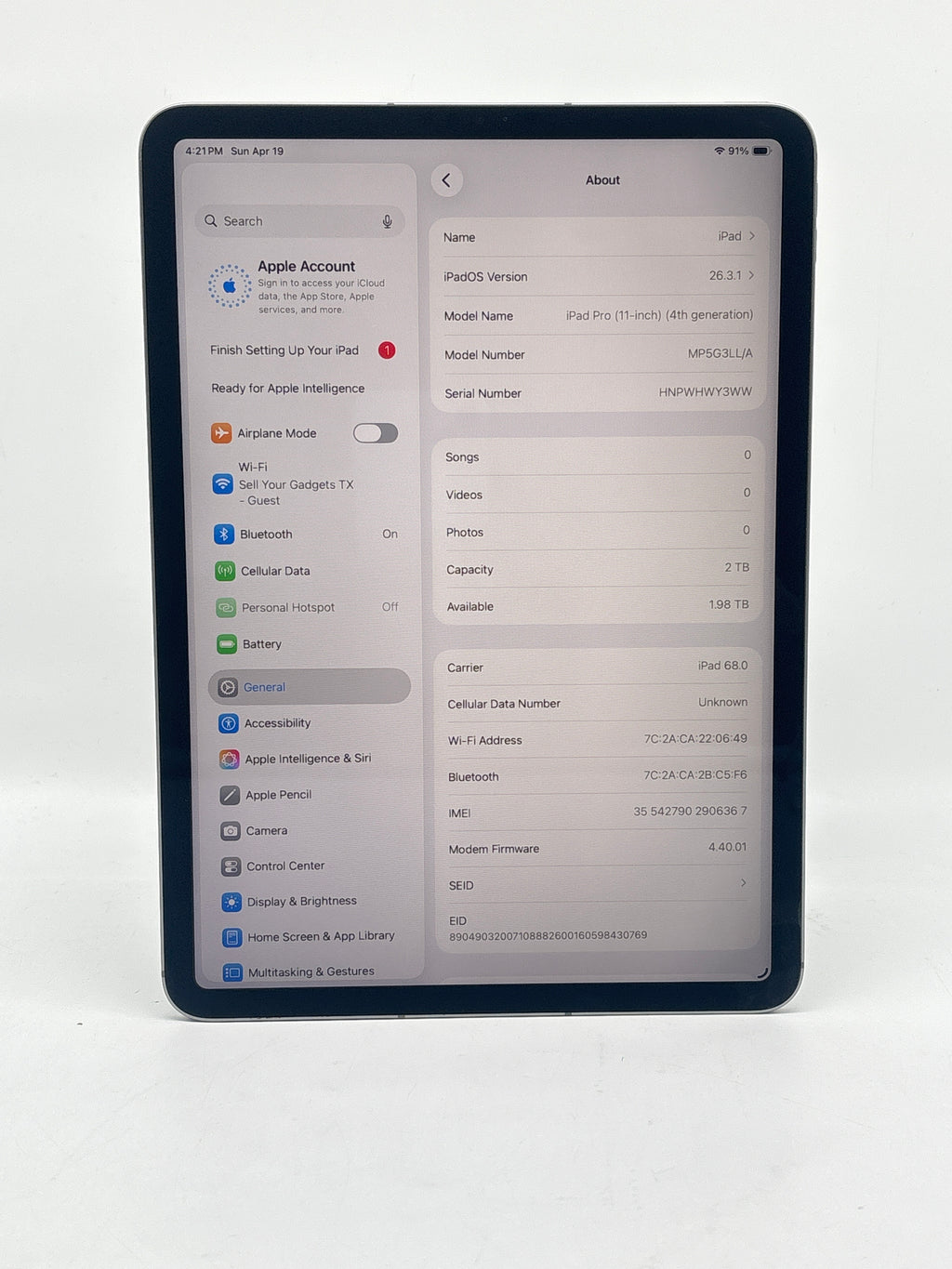 Apple iPad Pro M2 11" (4th Gen) A2435 2TB Wi-Fi + 5G - Used