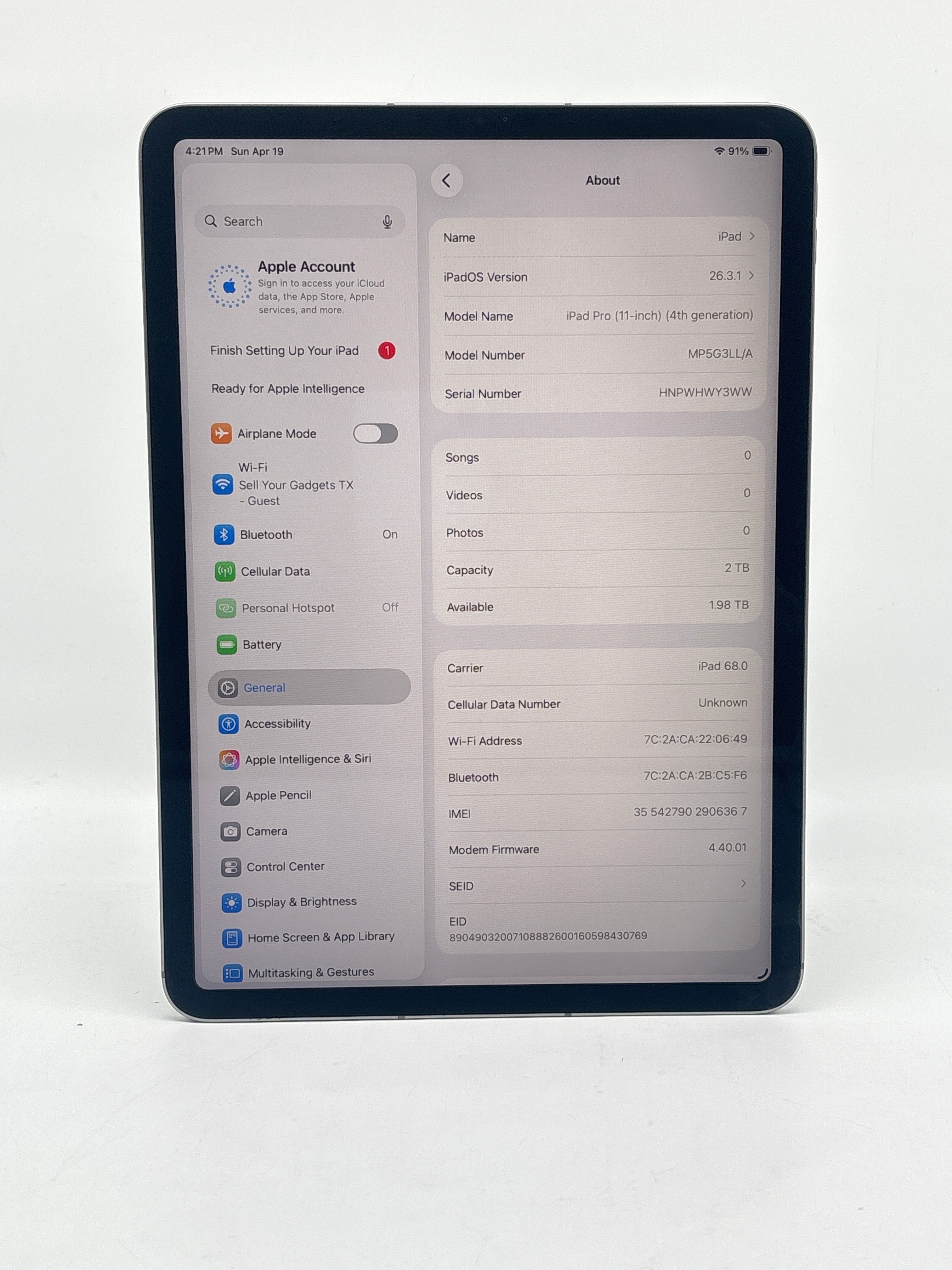 Apple iPad Pro M2 11" (4th Gen) A2435 2TB Wi-Fi + 5G - Used