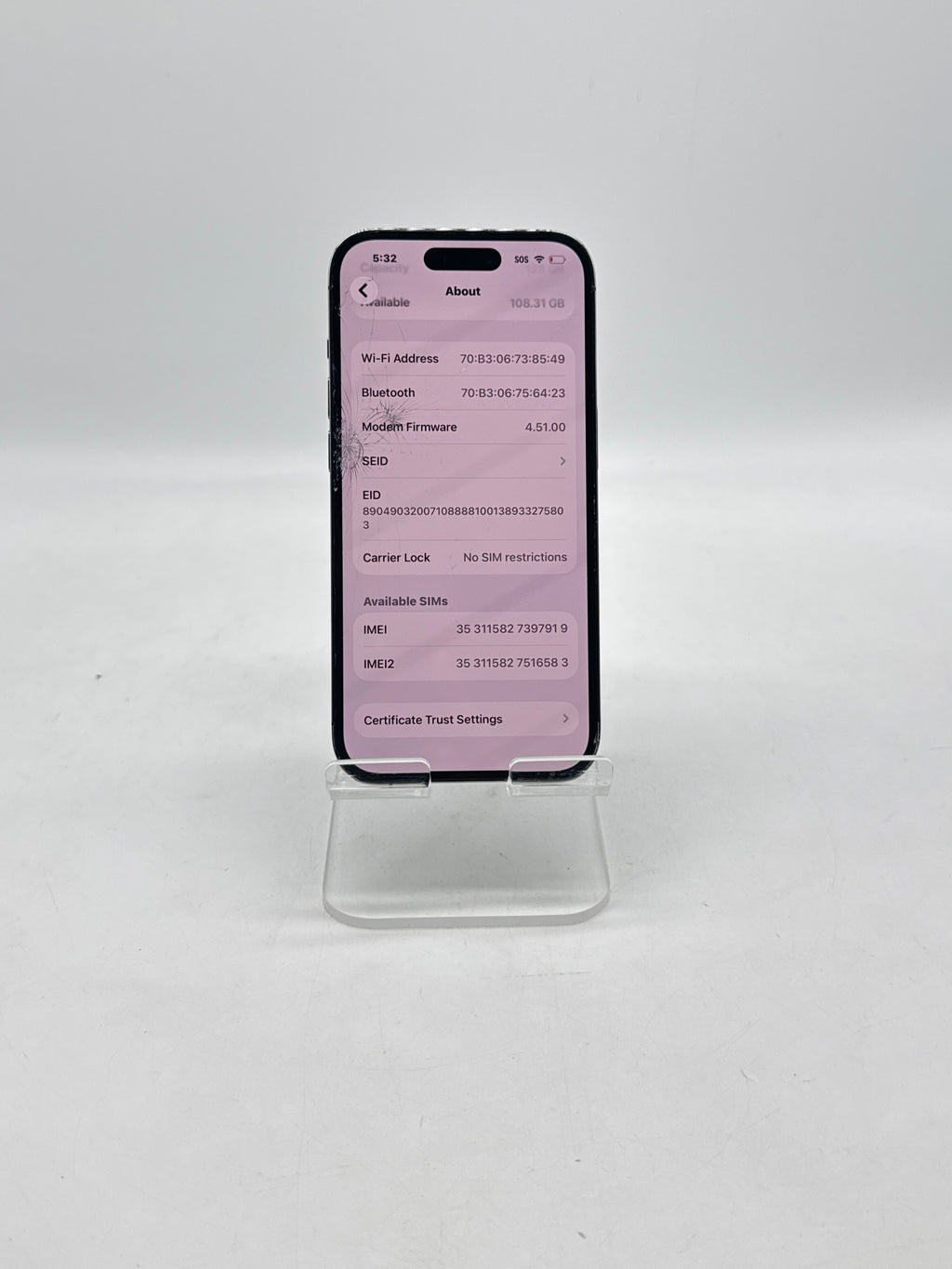 Apple iPhone 14 Pro A2650 128GB Unlocked - Cracked Screen Service Battery