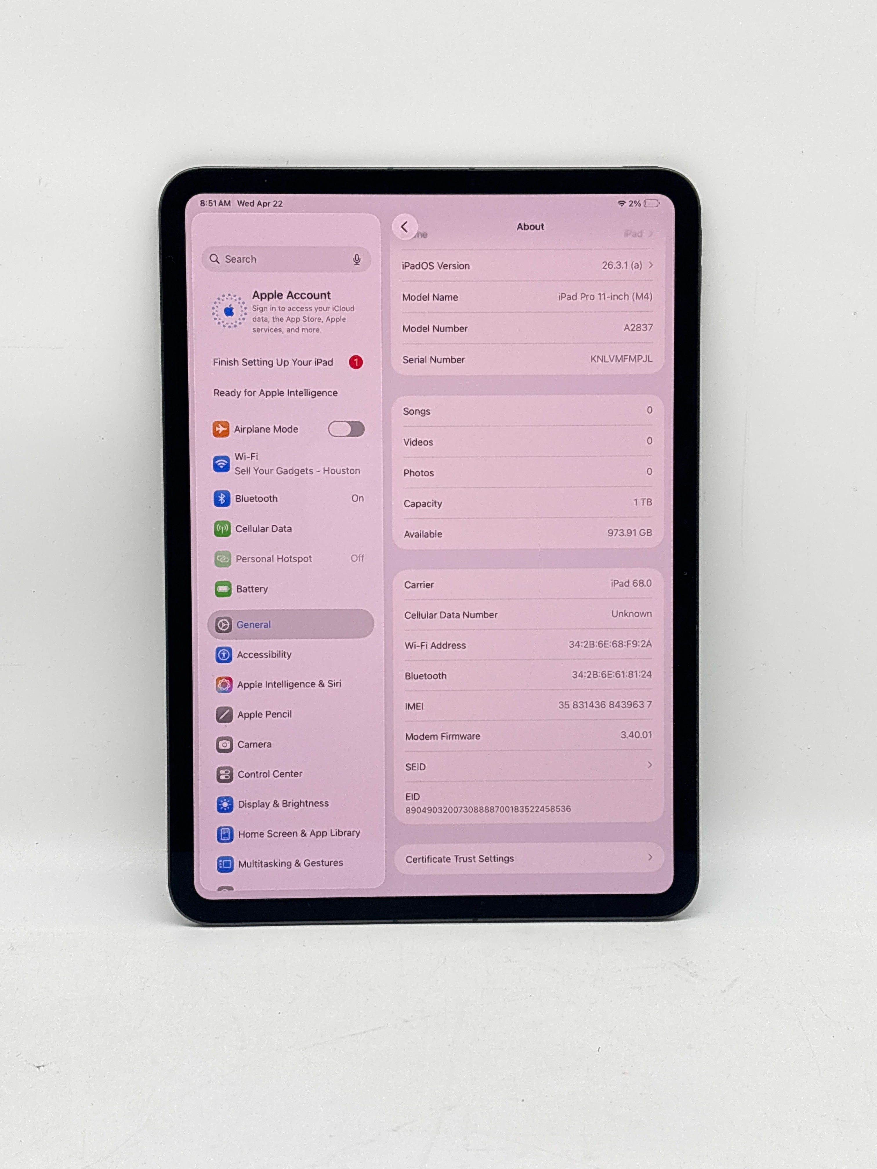 Apple iPad Pro 11" M4 1TB Wi-Fi + Cellular Unlocked Gray - Used