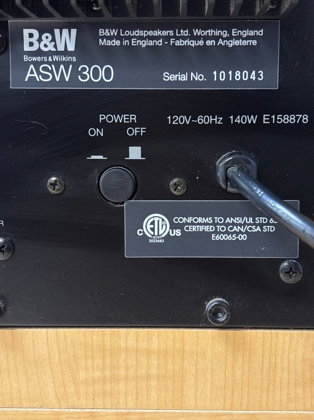 Bowers & Wilkins Powered Subwoofer Model ASW300