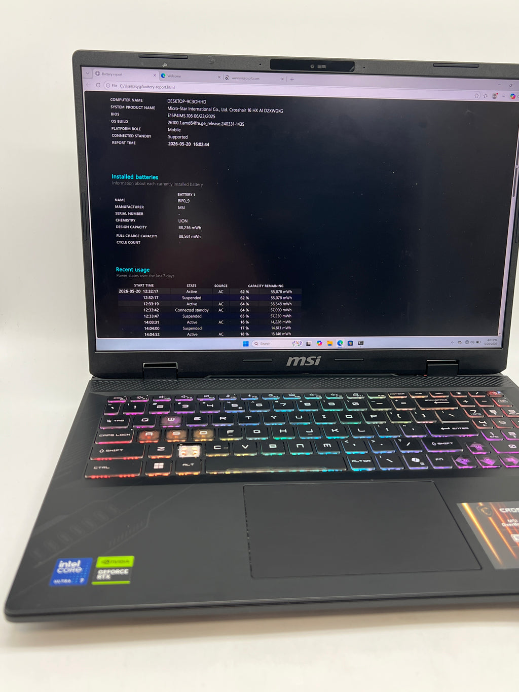 MSI Crosshair 16 HX AI D2XWGKG Ultra 7 255HX 32GB RAM 1TB SSD RTX 5070 - For Parts Read