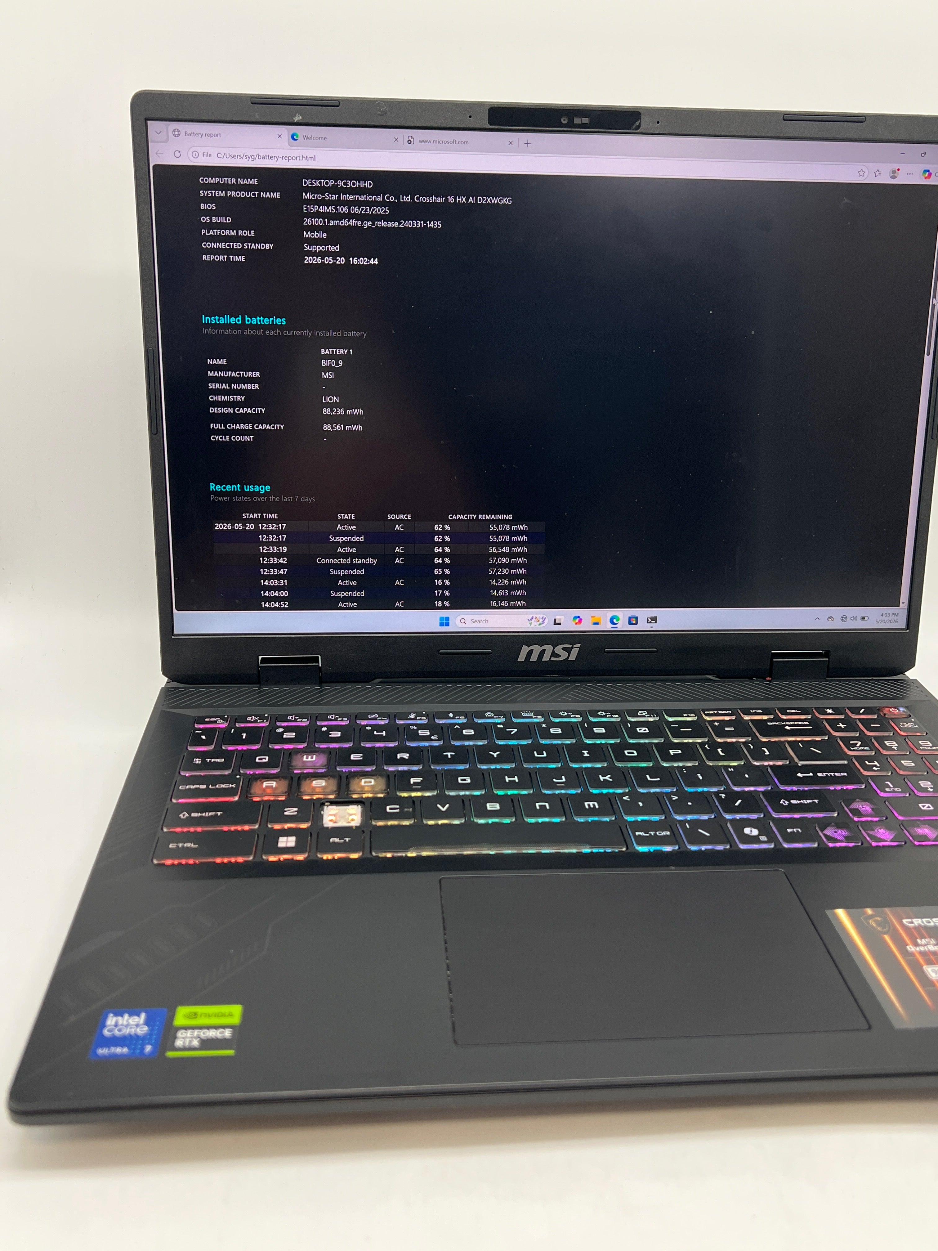 MSI Crosshair 16 HX AI D2XWGKG Ultra 7 255HX 32GB RAM 1TB SSD RTX 5070 - For Parts Read