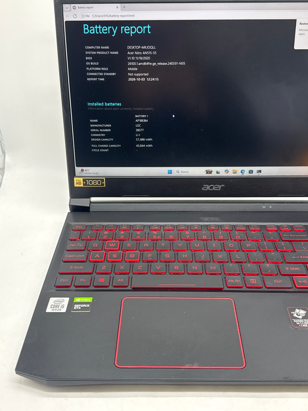 Acer Nitro 5 N20C1 15.6in i5-10300H 8GB RAM 256GB SSD GTX 1650 - Used
