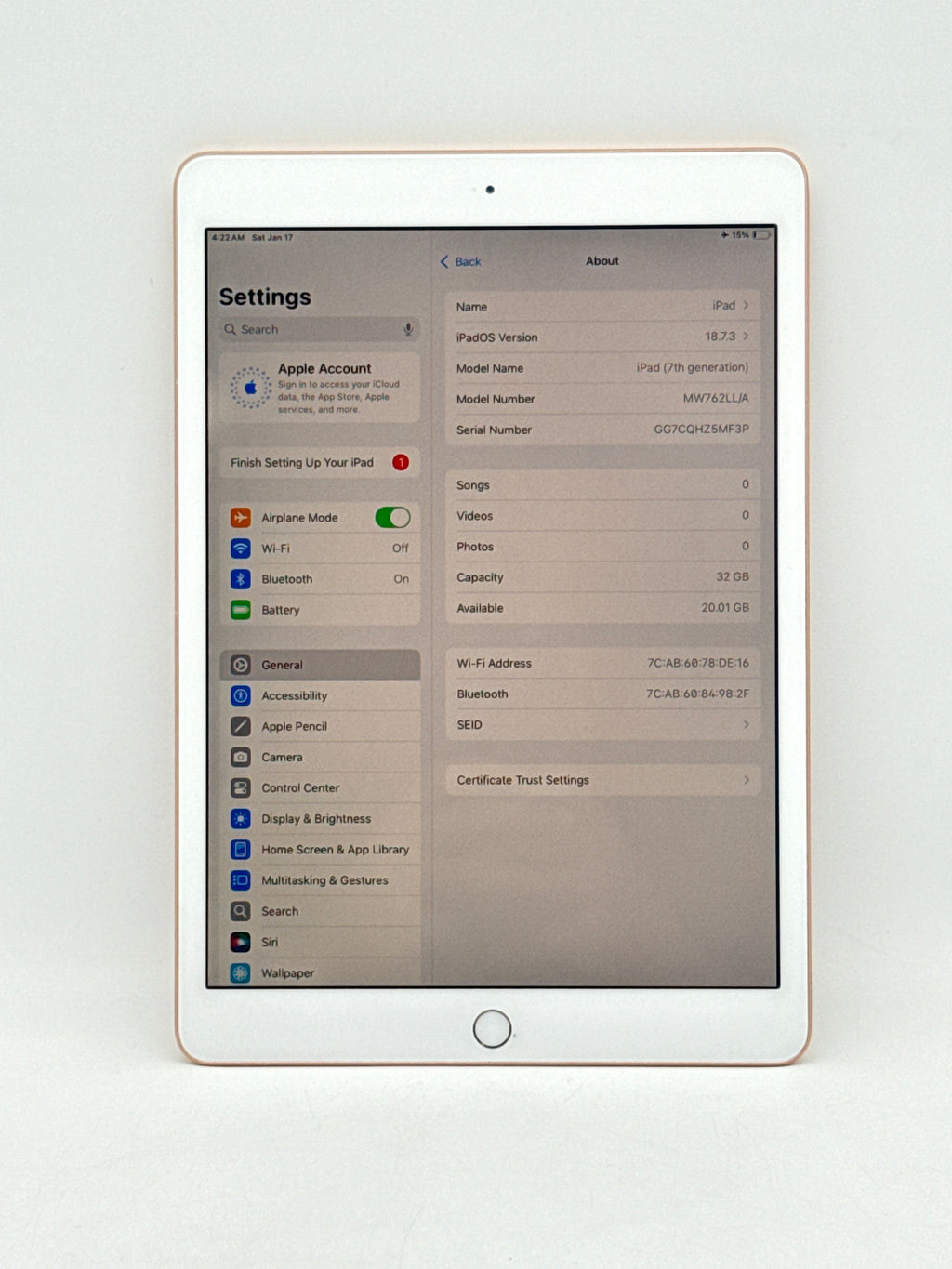 Apple iPad 7th Gen A2197 10.2 inch 64GB Gold Wi-Fi Only Used