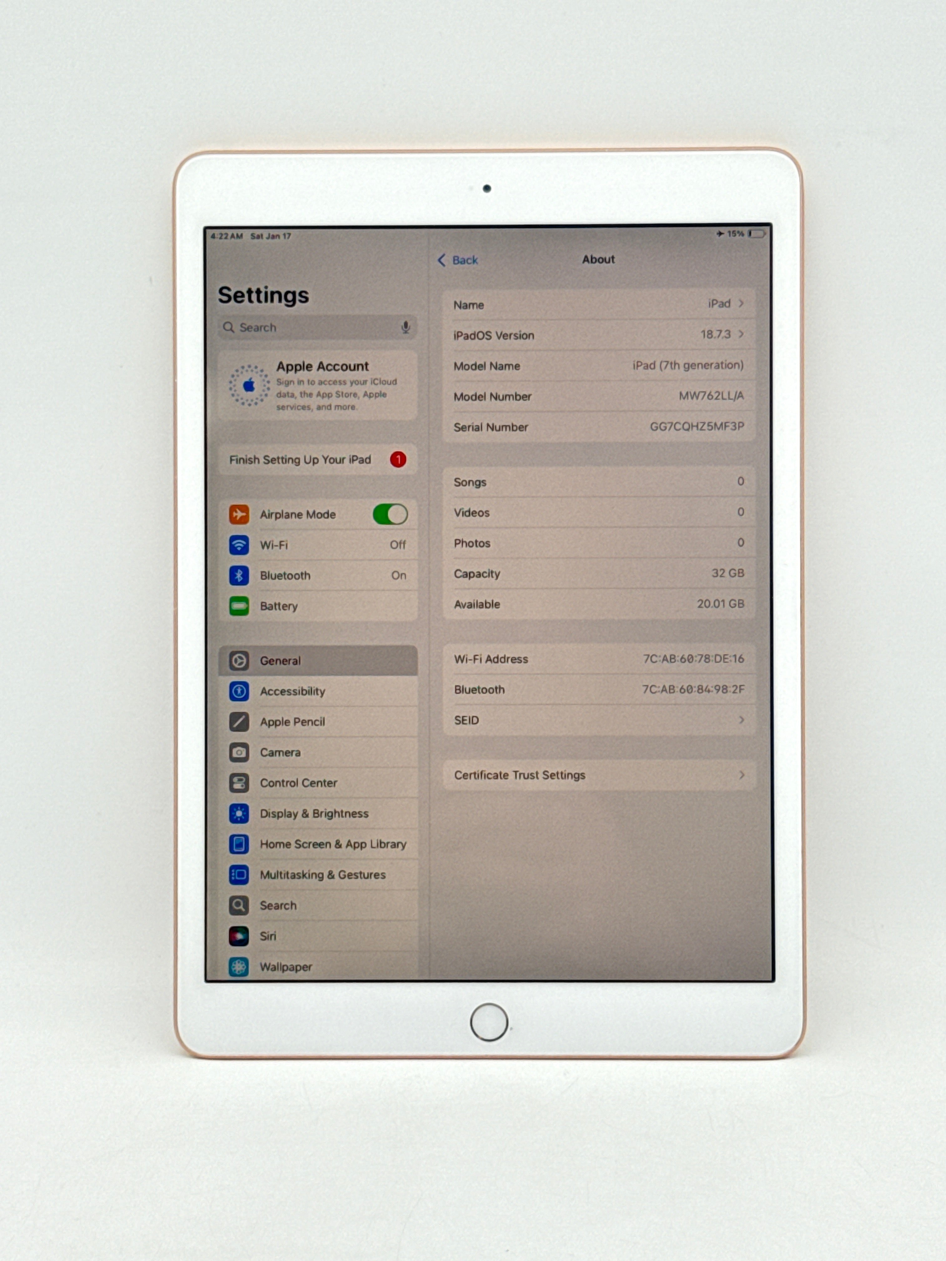 Apple iPad 7th Gen A2197 10.2 inch 64GB Gold Wi-Fi Only Used