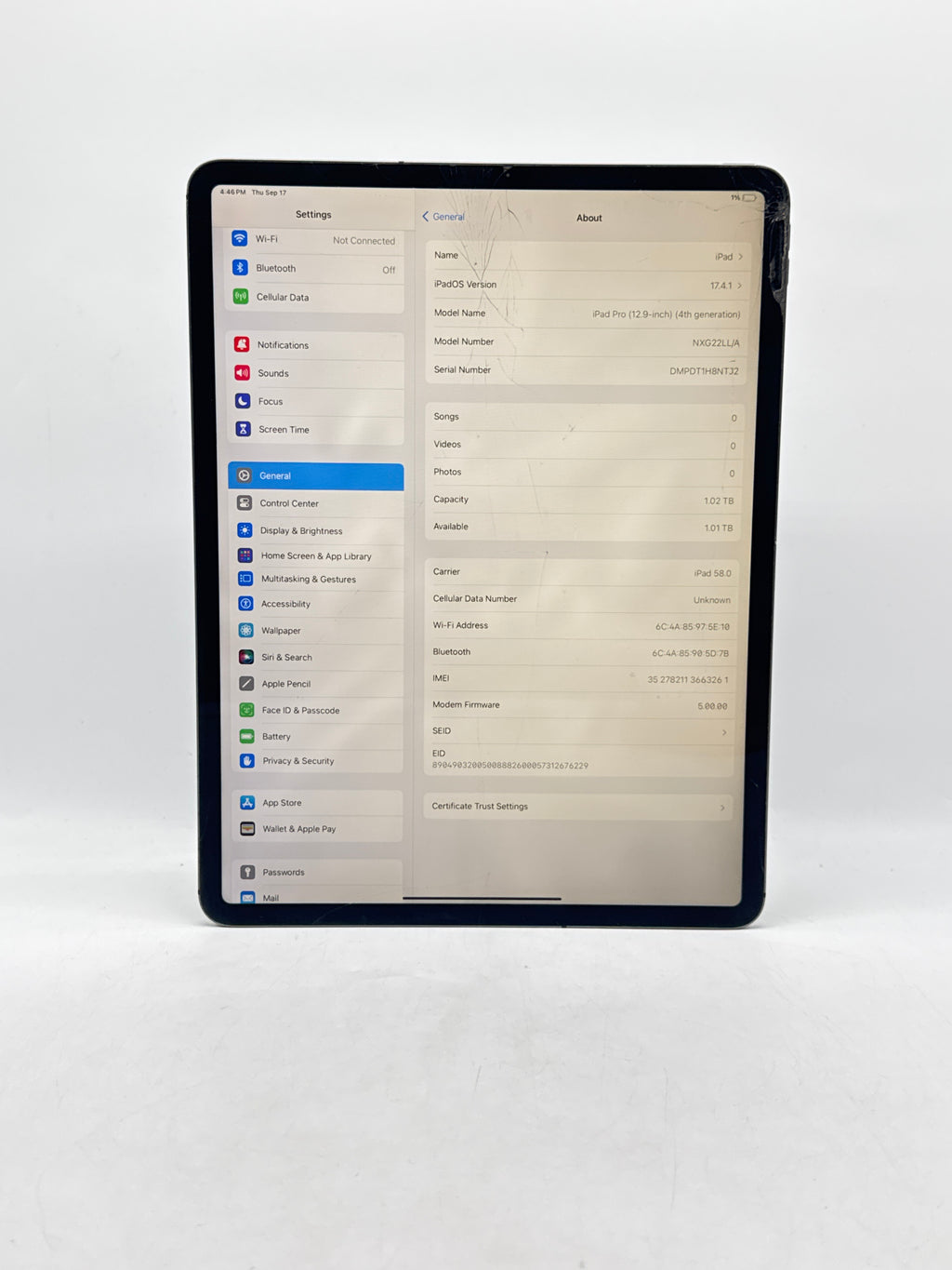 Apple iPad Pro 12.9" 4th Gen A2069 1TB Wi-Fi + Cellular Unlocked Gray - Cracked Screen