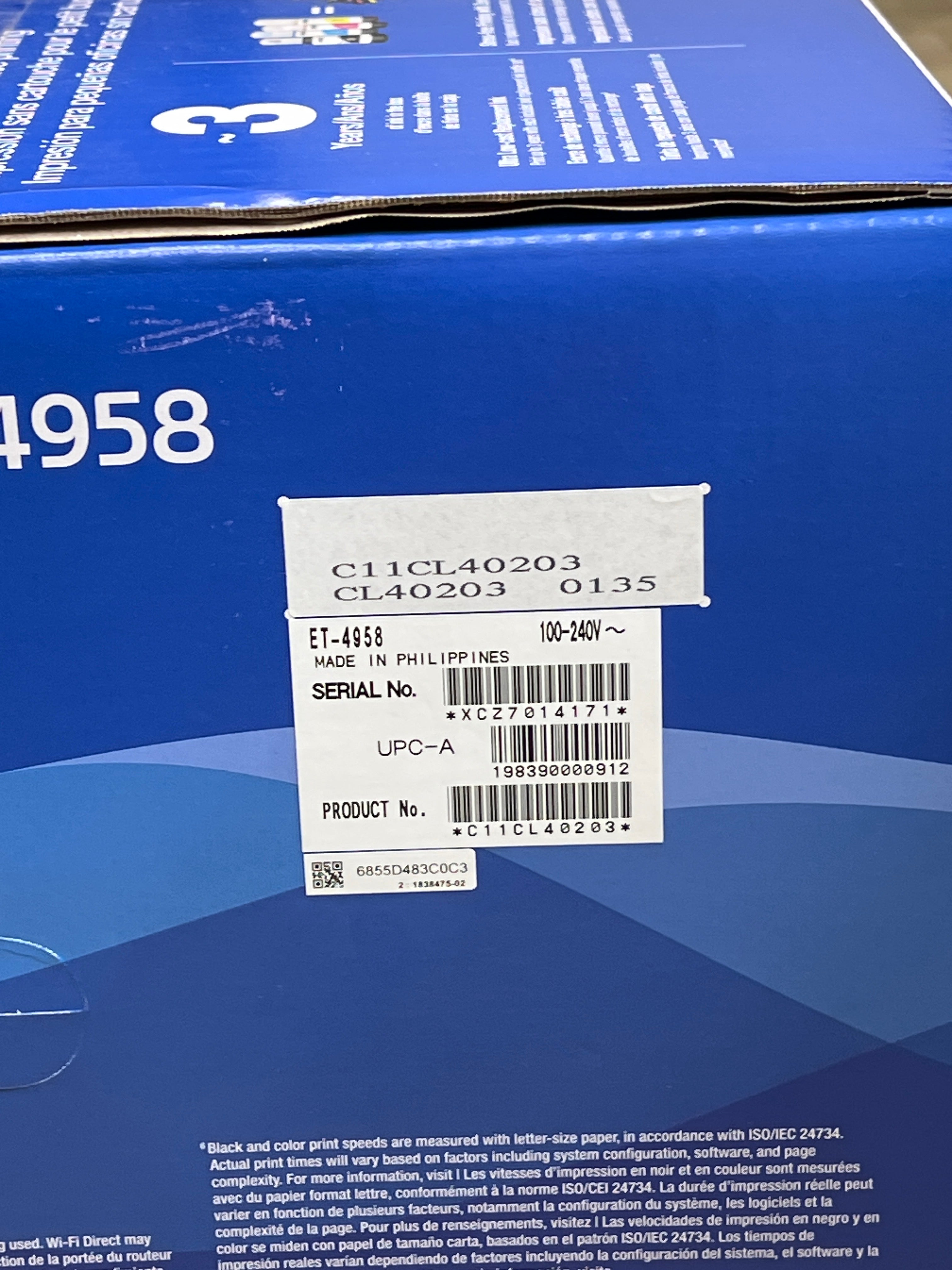Epson EcoTank ET-4958 All-In-One Wireless Inkjet Printer - New in Box