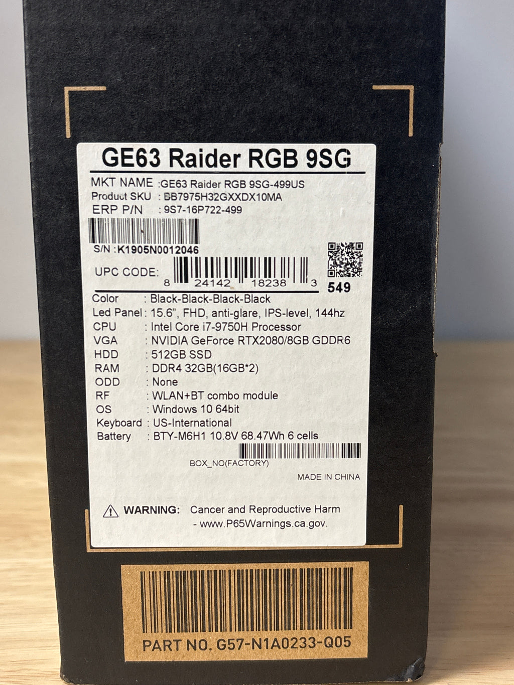 MSI GE63 Raider RGB 9SG i7 32GB RAM 512SSD RTX 2080 With Box - For Parts (Read DESC)