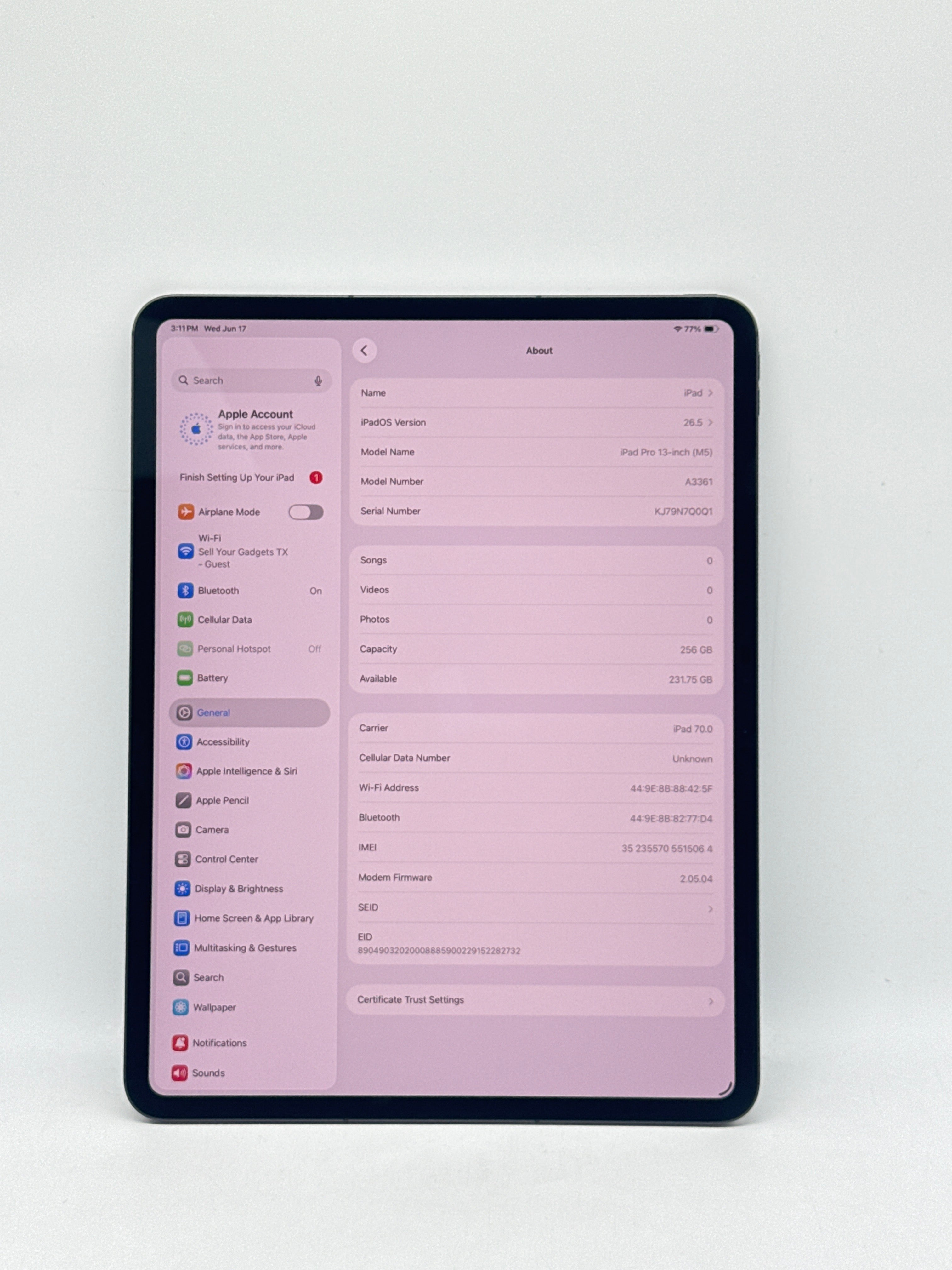 Apple iPad Pro M5 A3361 13" 256GB Wi-Fi + Cellular Space Black - Verizon