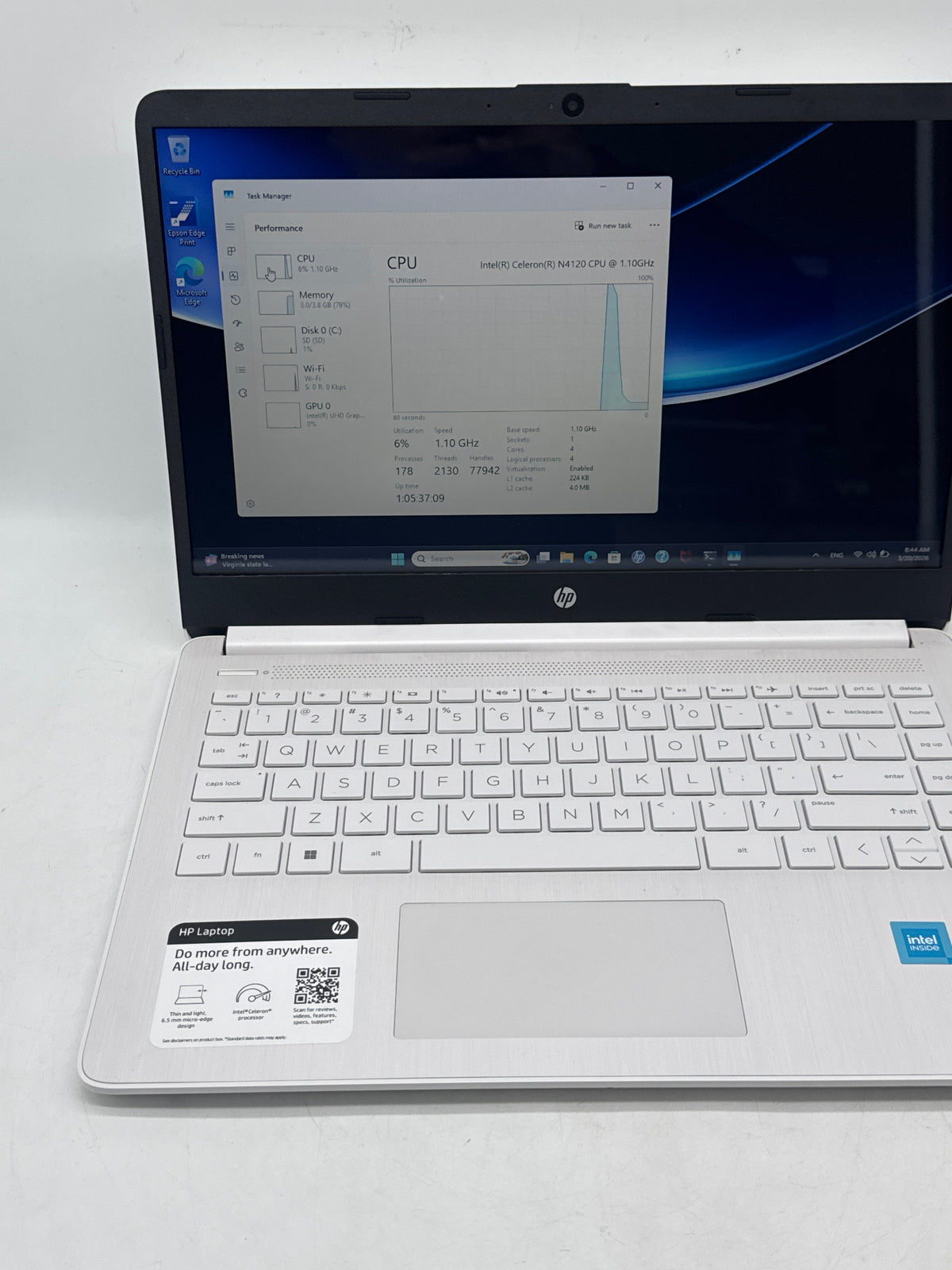 HP 14-dq0052dx 14in Celeron N4120 4GB RAM 64GB SSD White - Used