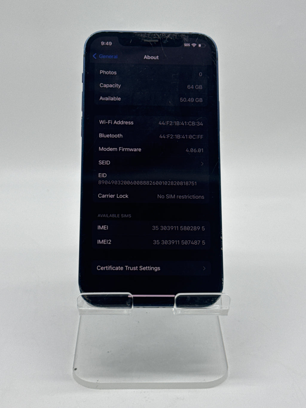 Apple iPhone 12 64GB Blue Cracked Back Glass Screen Crack Read