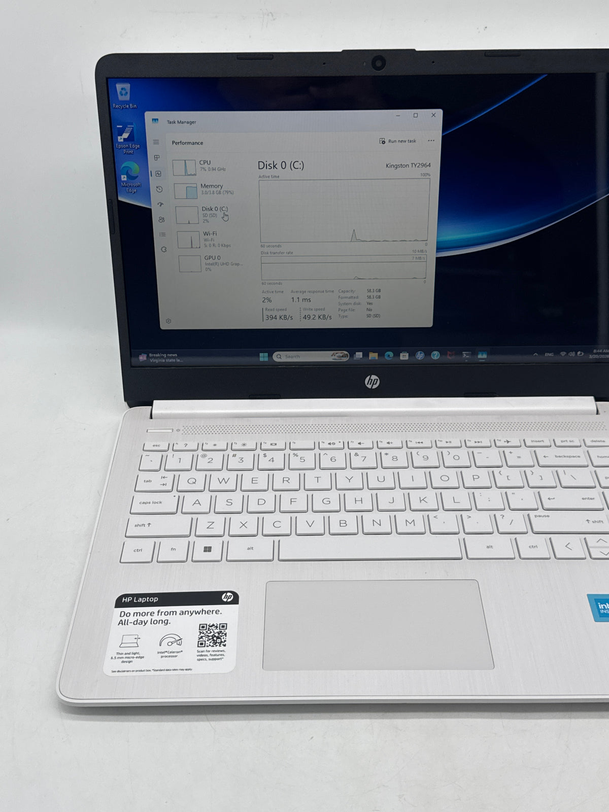 HP 14-dq0052dx 14in Celeron N4120 4GB RAM 64GB SSD White - Used