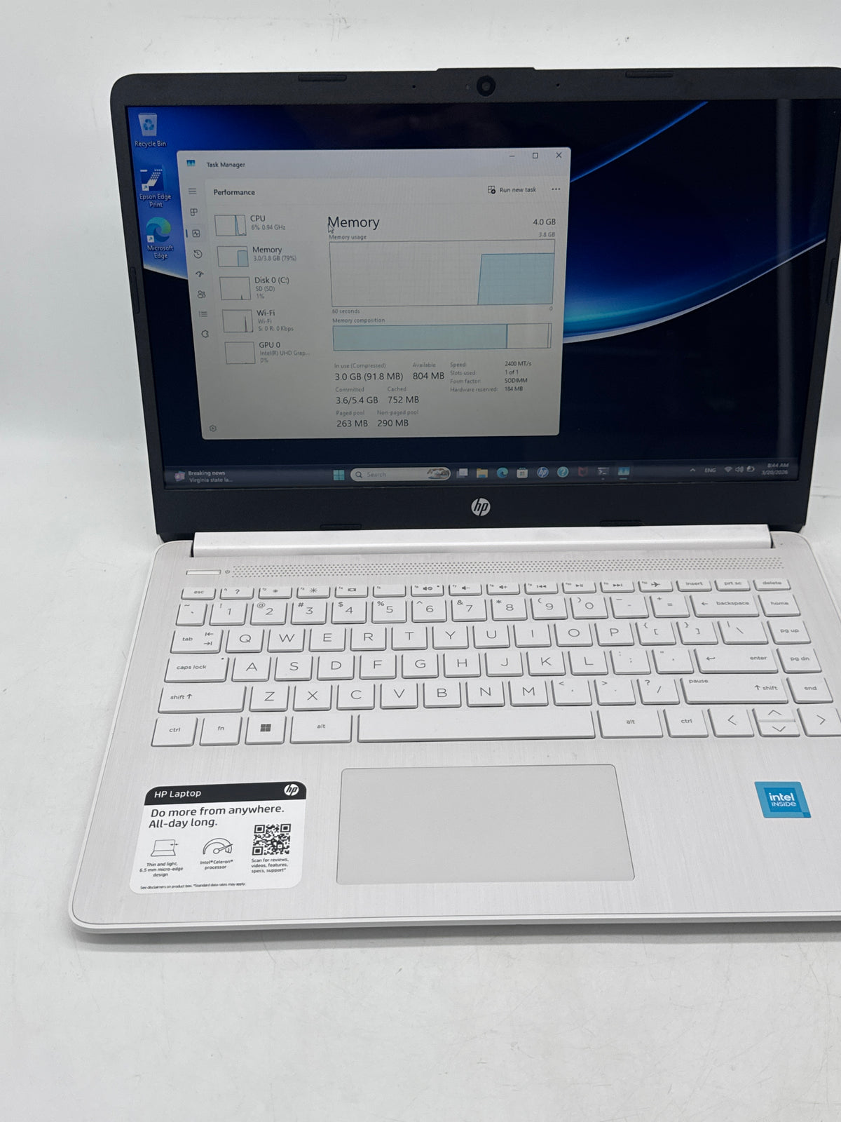 HP 14-dq0052dx 14in Celeron N4120 4GB RAM 64GB SSD White - Used